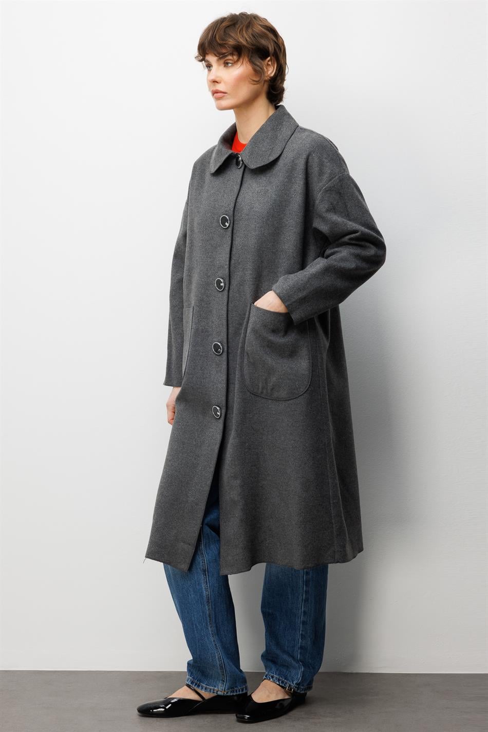 Yün Dokulu Özel Polyviskon Kumaş Astarsız Giy Çık Kap Kaban-Gri