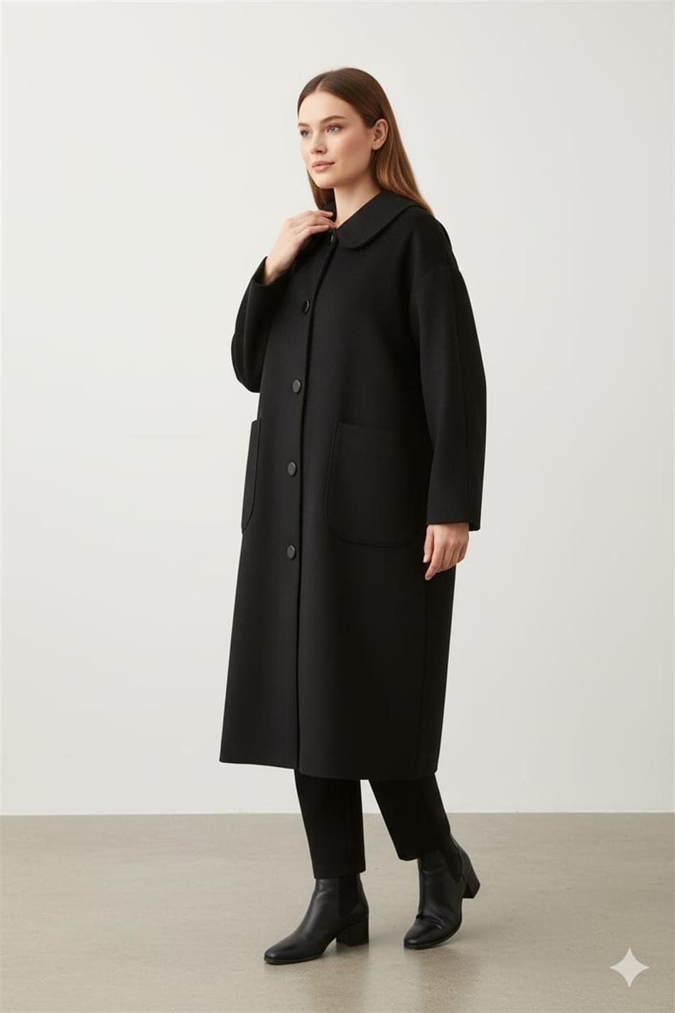 Yün Dokulu Özel Polyviskon Kumaş Astarsız Giy Çık Kap Kaban-Siyah