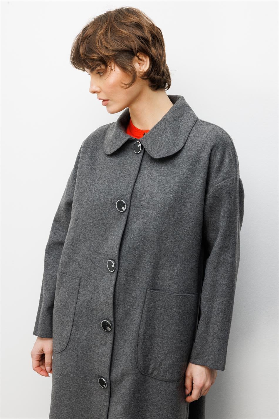 Yün Dokulu Özel Polyviskon Kumaş Astarsız Giy Çık Kap Kaban-Gri