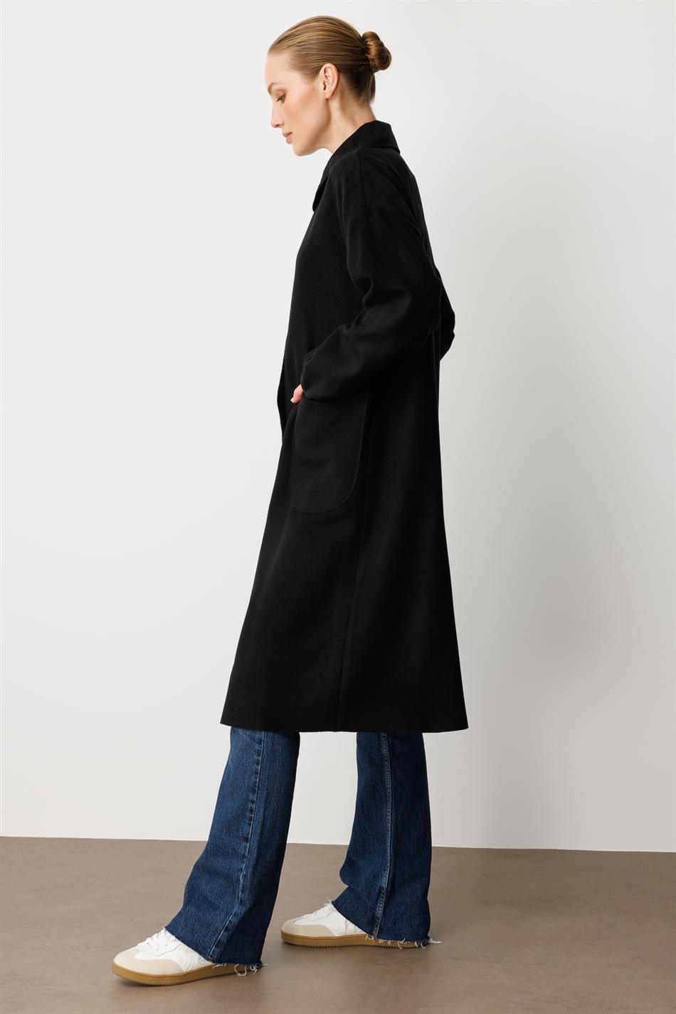 Wool-textured special polyviscose fabric unlined ready-to-wear coat - Black