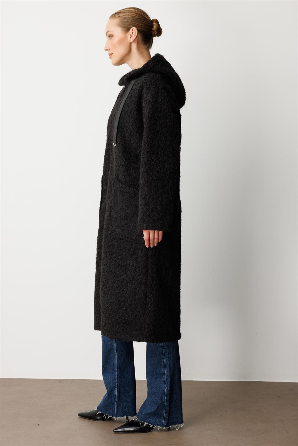 Wool-Look Lightweight, Easy-to-Wear Cardigan/Coat with Accessory Details - Black