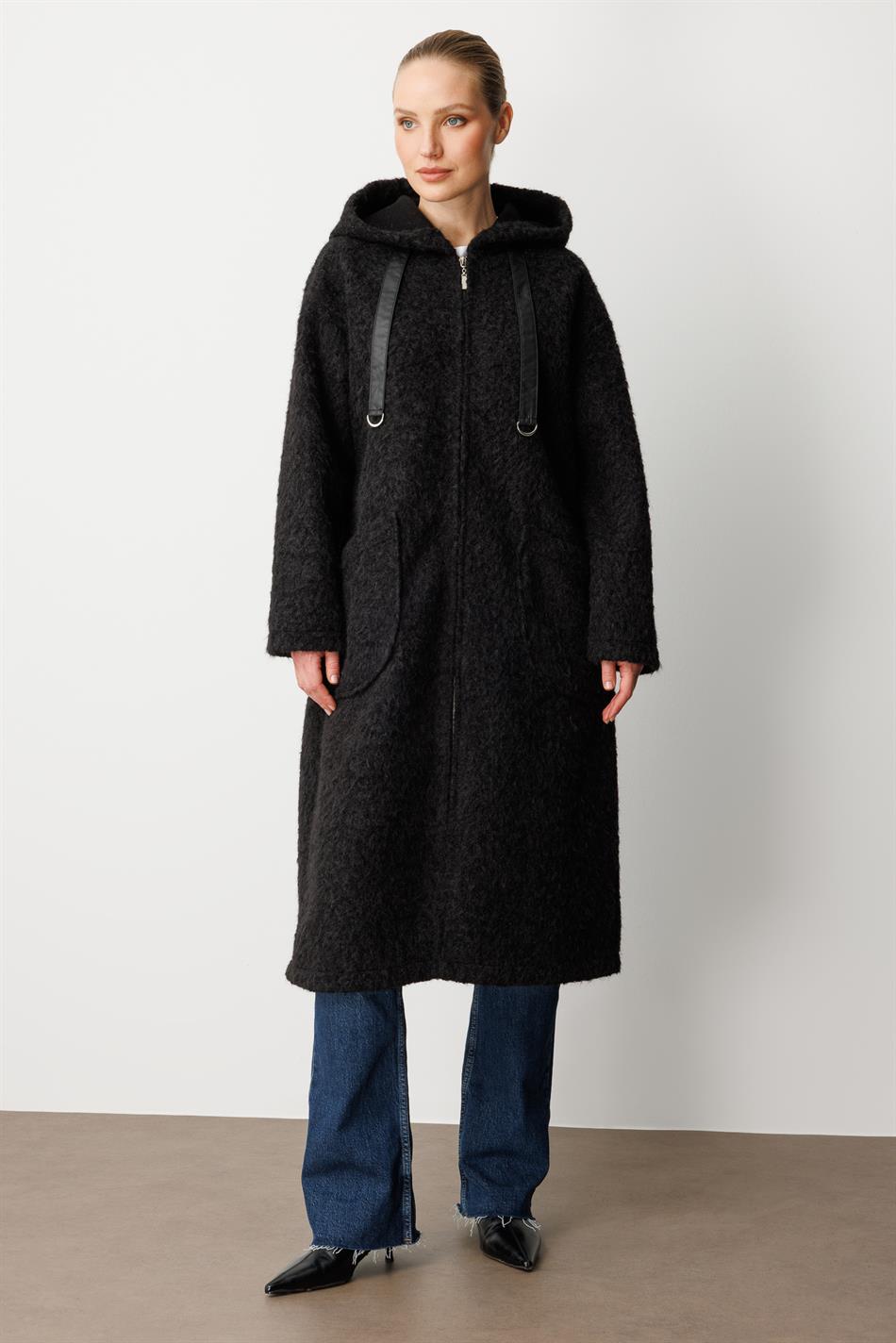 Wool-Look Lightweight, Easy-to-Wear Cardigan/Coat with Accessory Details - Black