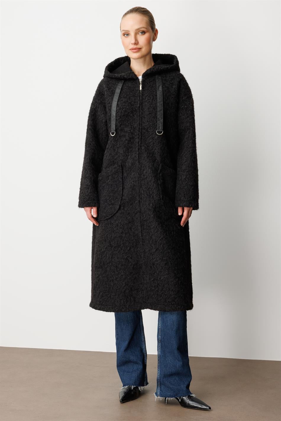 Wool-Look Lightweight, Easy-to-Wear Cardigan/Coat with Accessory Details - Black