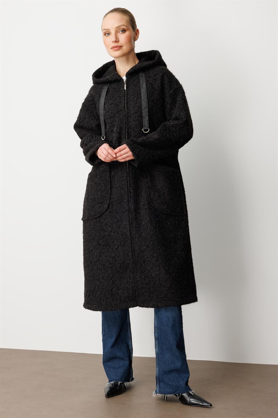 Wool-Look Lightweight, Easy-to-Wear Cardigan/Coat with Accessory Details - Black