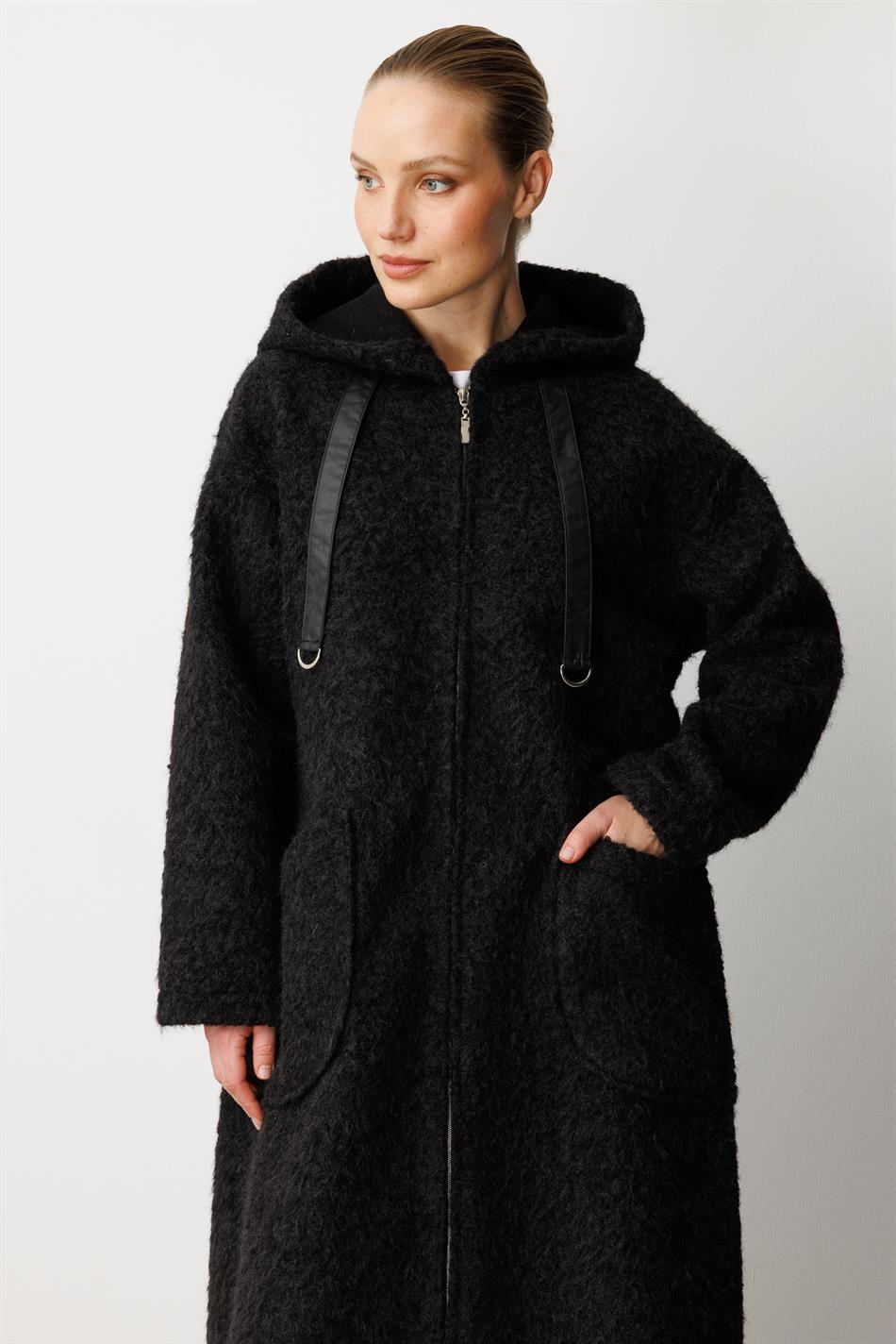 Wool-Look Lightweight, Easy-to-Wear Cardigan/Coat with Accessory Details - Black