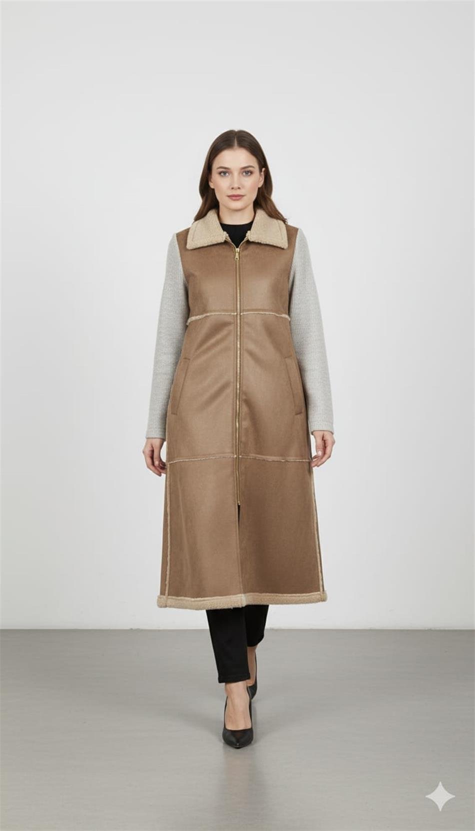 Yünlü Triko Astarlı Kol Detaylı Tüm Bedeni Suni Kürklü Deri Manto Kaban-Taş