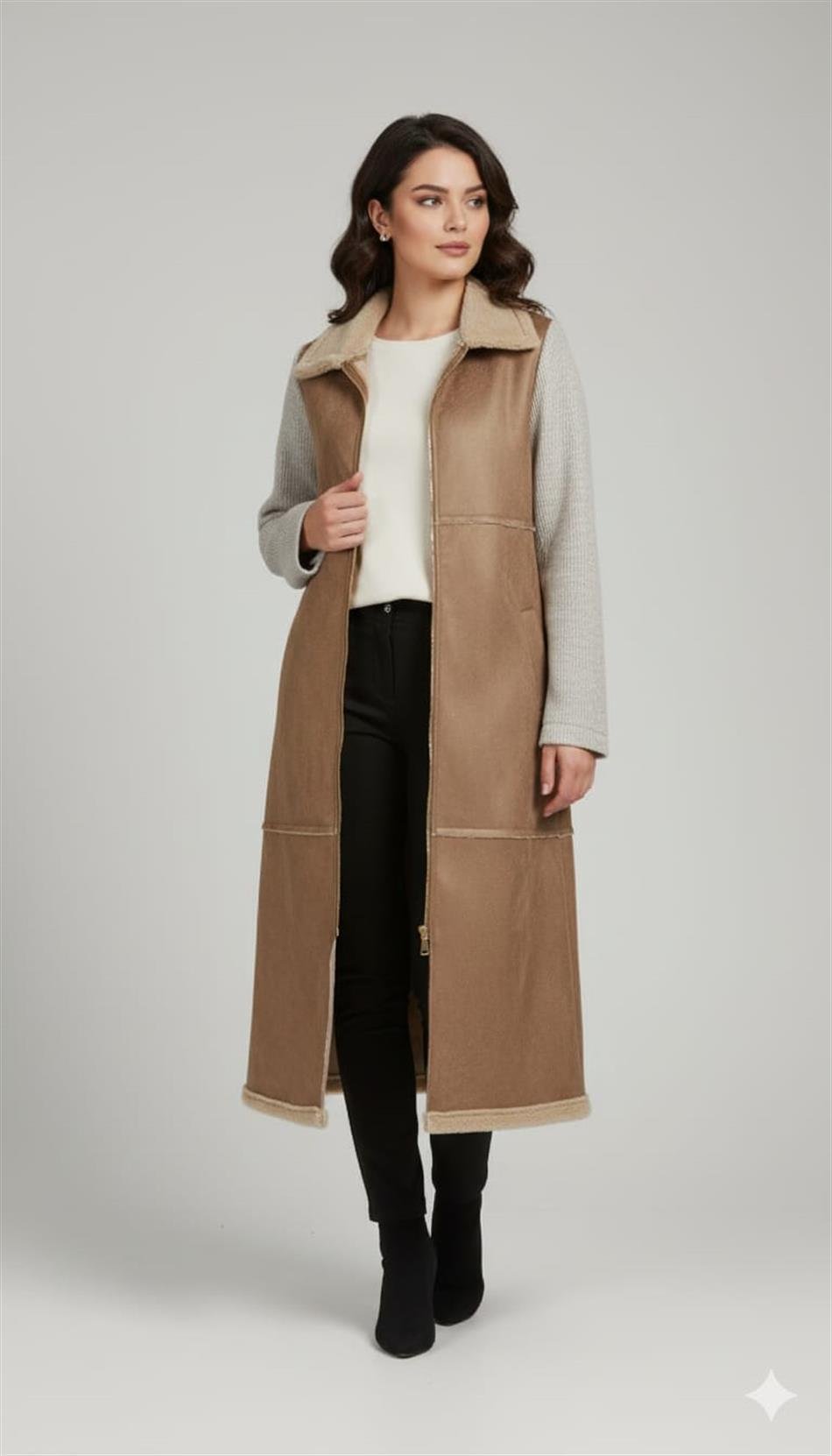 Yünlü Triko Astarlı Kol Detaylı Tüm Bedeni Suni Kürklü Deri Manto Kaban-Taş