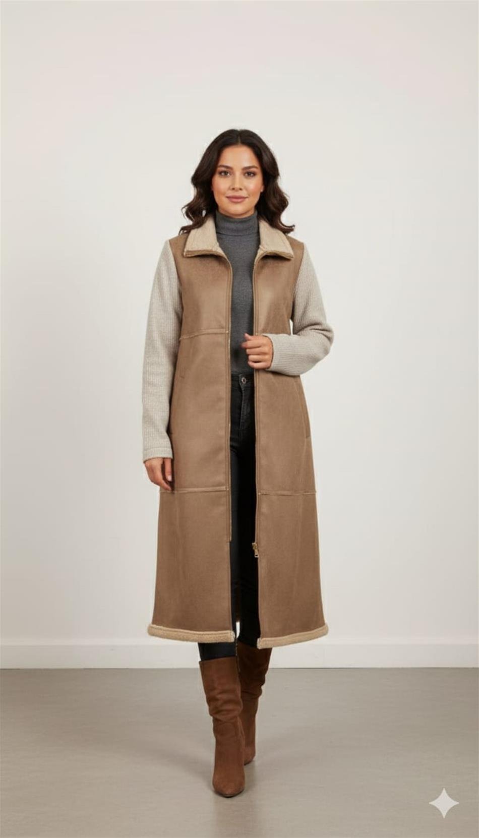 Yünlü Triko Astarlı Kol Detaylı Tüm Bedeni Suni Kürklü Deri Manto Kaban-Taş