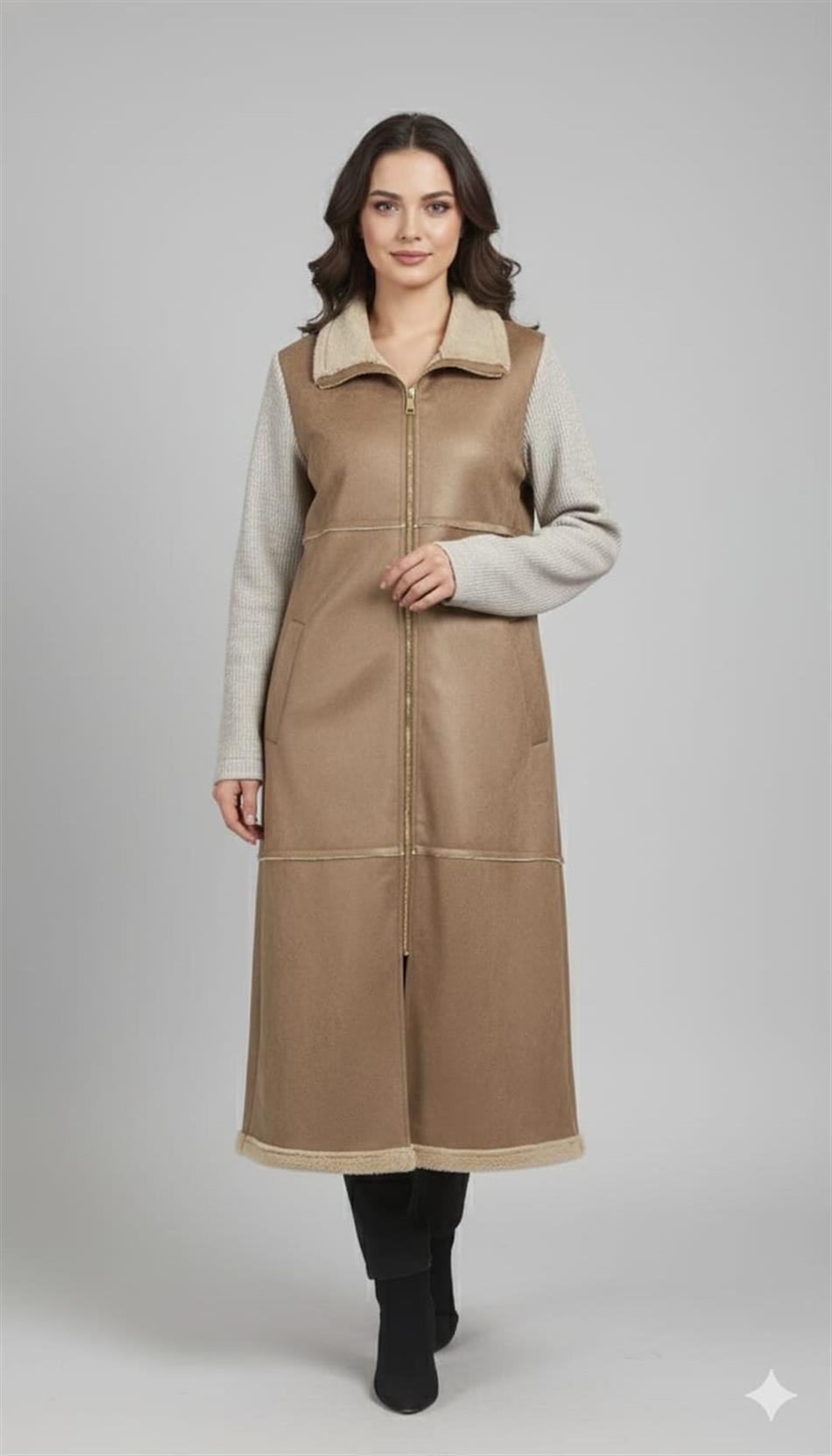 Yünlü Triko Astarlı Kol Detaylı Tüm Bedeni Suni Kürklü Deri Manto Kaban-Taş