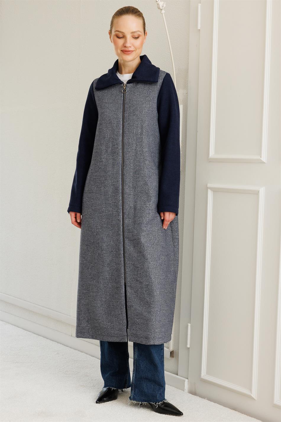 Hochwertiger, gemusterter Wollstoff, gestrickte Ärmel und Kragen, gefütterter, zeitloser Mantel/Jacke – Marineblau