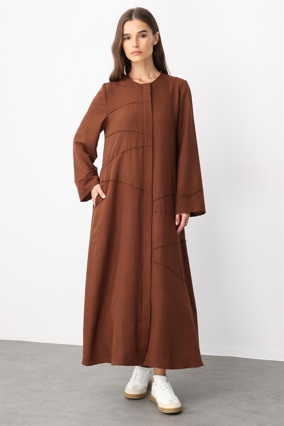 ZV Nervur Aller Dikiş Detaylı İpekçe Doku Zamansız Spor Kap/ Ferace-Kahve