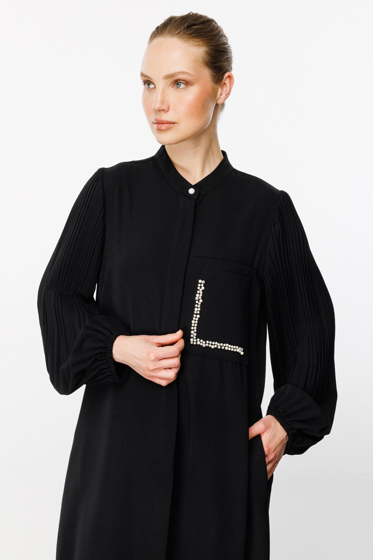 mika ブラック38 İnci ve Kolu Pilise Detaylı Zor Kırışan Nefes Alan Özel Dokuma Tam