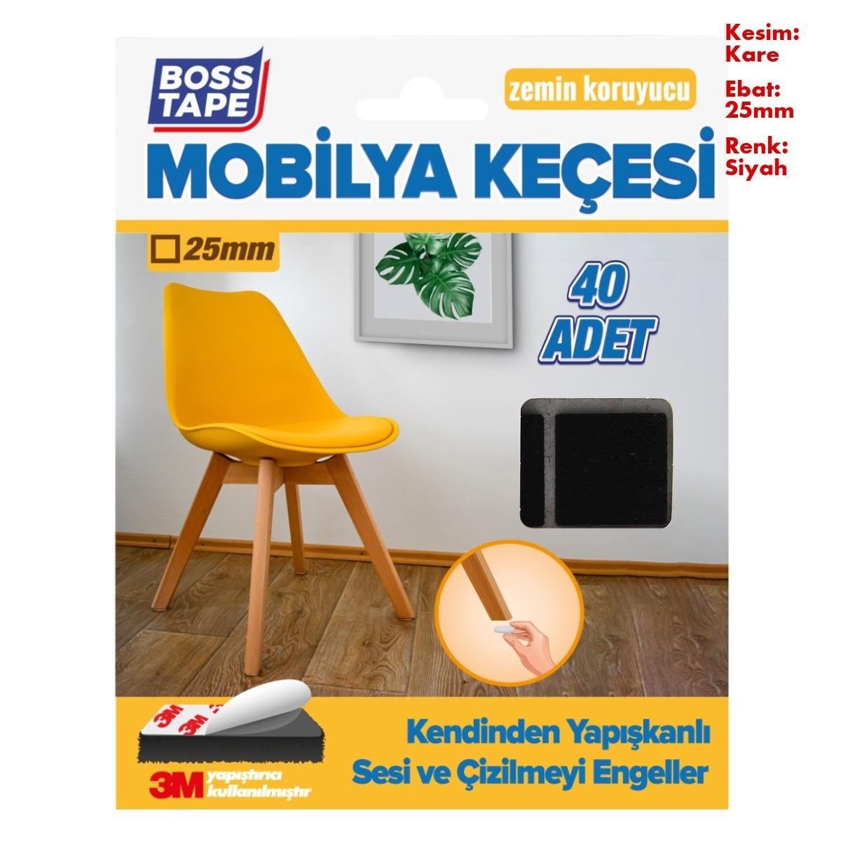 Boss TapeÇift Taraflı Bantlar3M Yapışkanlı 40 Adet 25mm Kare Siyah Mobilya Sandalye Masa Ayağı Keçesi