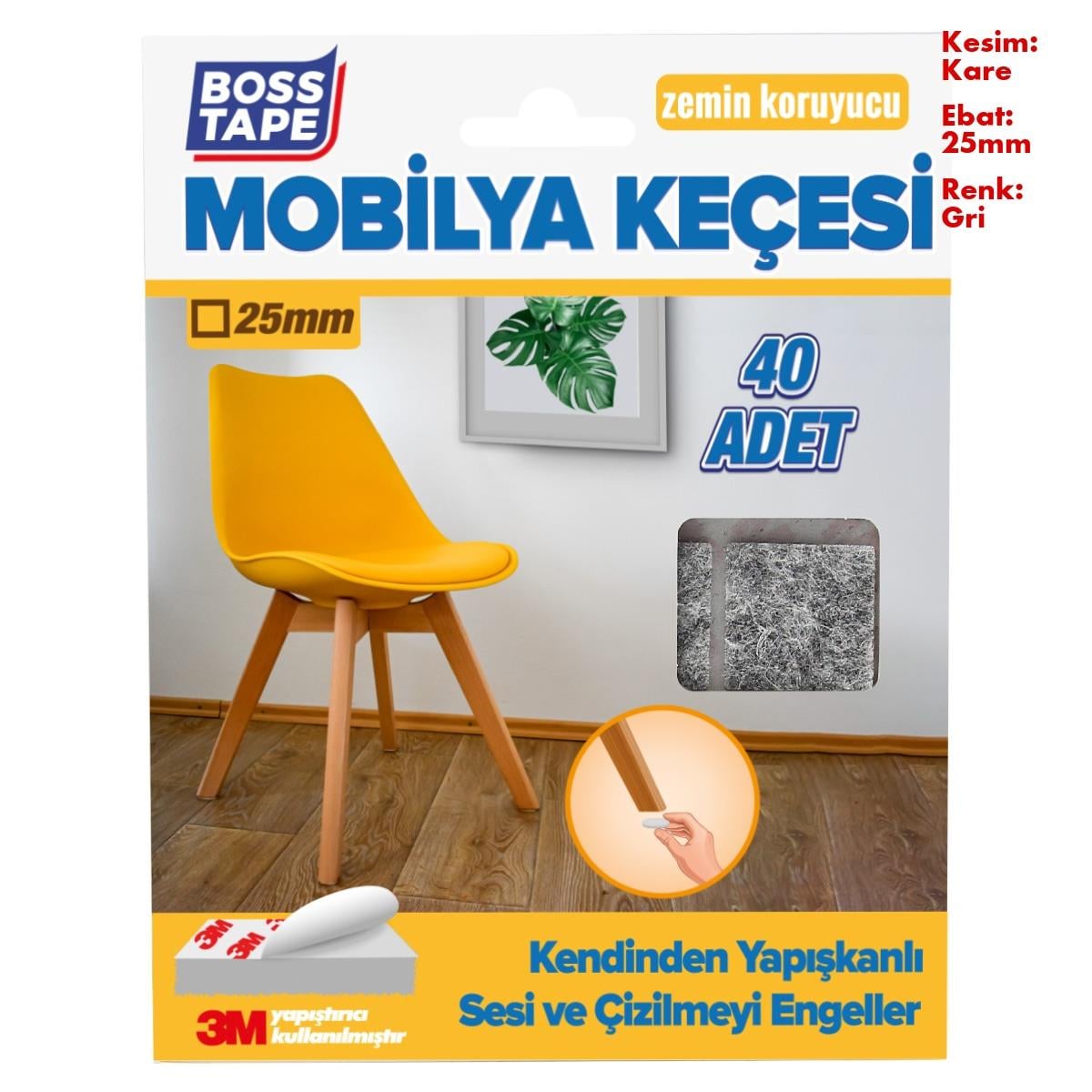Boss TapeÇift Taraflı Bantlar3M Yapışkanlı 40 Adet 25mm Kare Gri Mobilya Sandalye Masa Ayağı Keçesi
