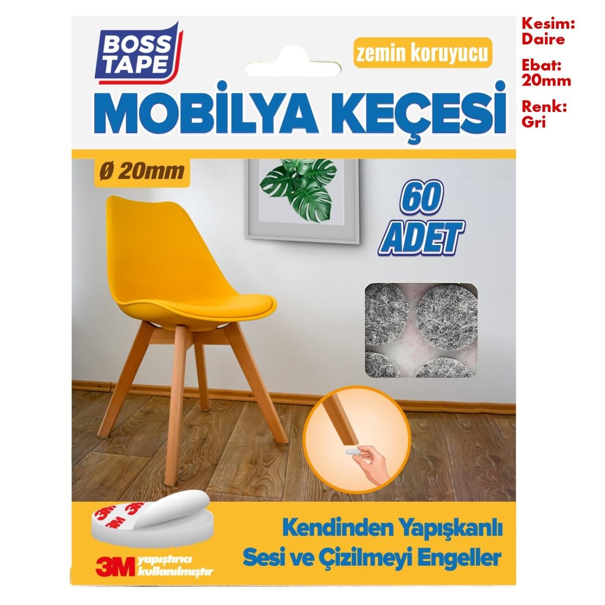Boss TapeÇift Taraflı Bantlar3M Yapışkanlı 60 Adet 20mm Gri Mobilya Sandalye Masa Ayağı Keçesi