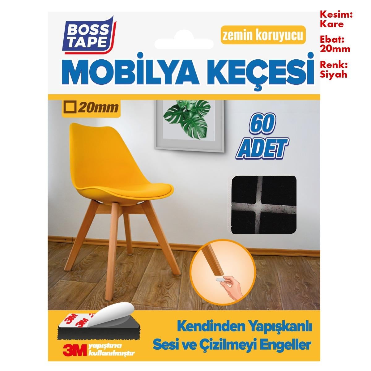 Boss TapeÇift Taraflı Bantlar3M Yapışkanlı 60 Adet 20mm Siyah Mobilya Sandalye Masa Ayağı Keçesi