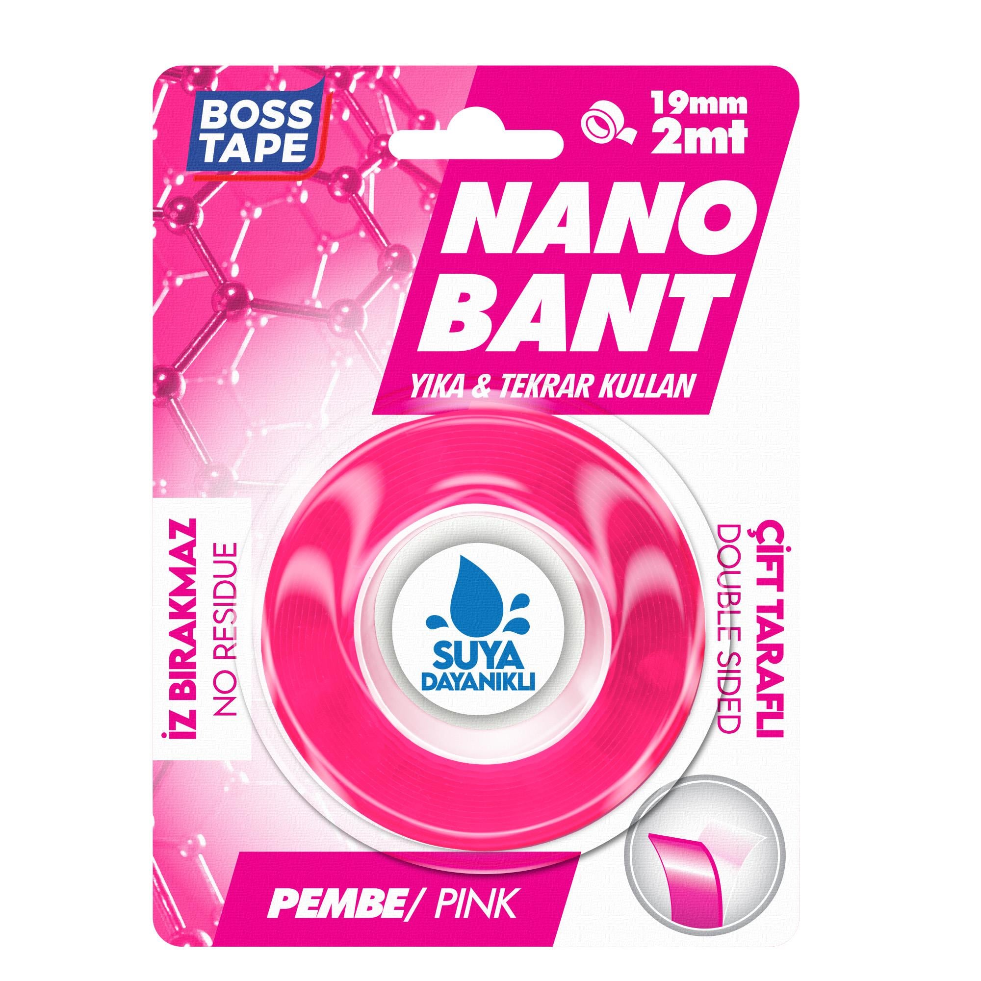 Boss TapeÇift Taraflı BantlarNano Bant Pembe Çift Taraflı En:19mm Boy: 2mt