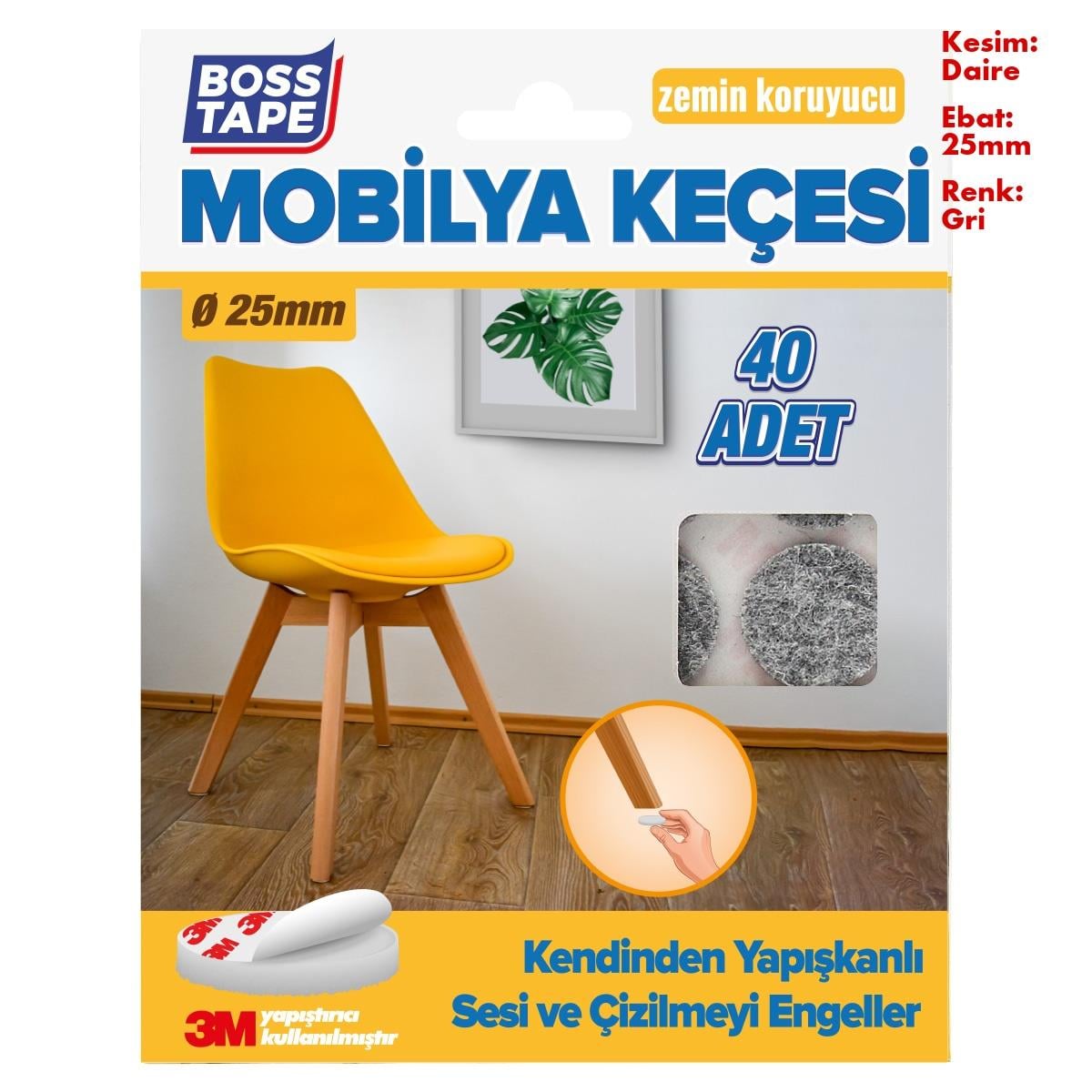 Boss TapeÇift Taraflı Bantlar3M Yapışkanlı 40 Adet 25mm Gri Mobilya Sandalye Masa Ayağı Keçesi