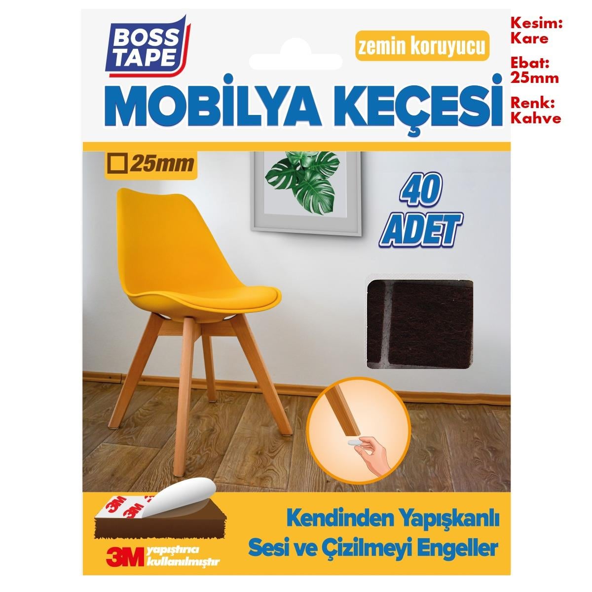 Boss TapeÇift Taraflı Bantlar3M Yapışkanlı 40 Adet 25mm Kare Kahverengi Mobilya Sandalye Masa Ayağı Keçesi
