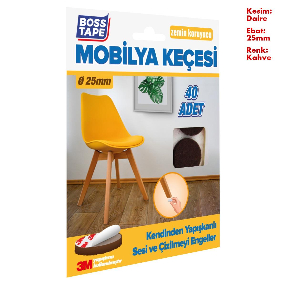 Boss TapeÇift Taraflı Bantlar3M Yapışkanlı 40 Adet 25mm Kahverengi Mobilya Sandalye Masa Ayağı Keçesi