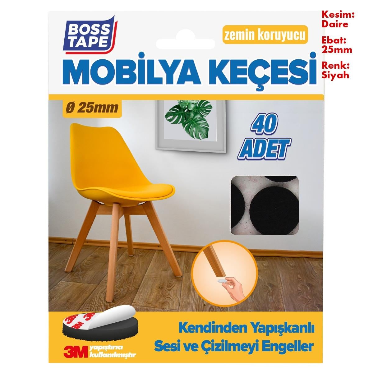 Boss TapeÇift Taraflı Bantlar3M Yapışkanlı 40 Adet 25mm Siyah Mobilya Sandalye Masa Ayağı Keçesi
