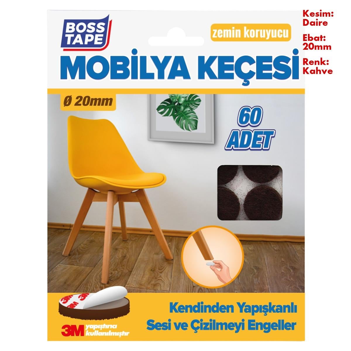 Boss TapeÇift Taraflı Bantlar3M Yapışkanlı 60 Adet Daire 20mm Kahve Mobilya Sandalye Masa Ayağı Keçesi