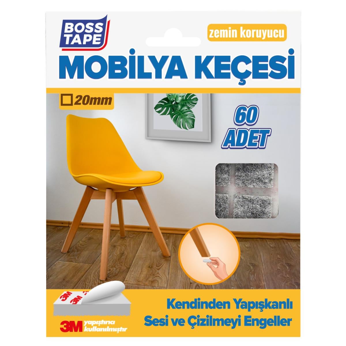 Boss TapeÇift Taraflı Bantlar3M Yapışkanlı 60 Adet Kare 20mm Gri Mobilya Sandalye Masa Ayağı Keçesi