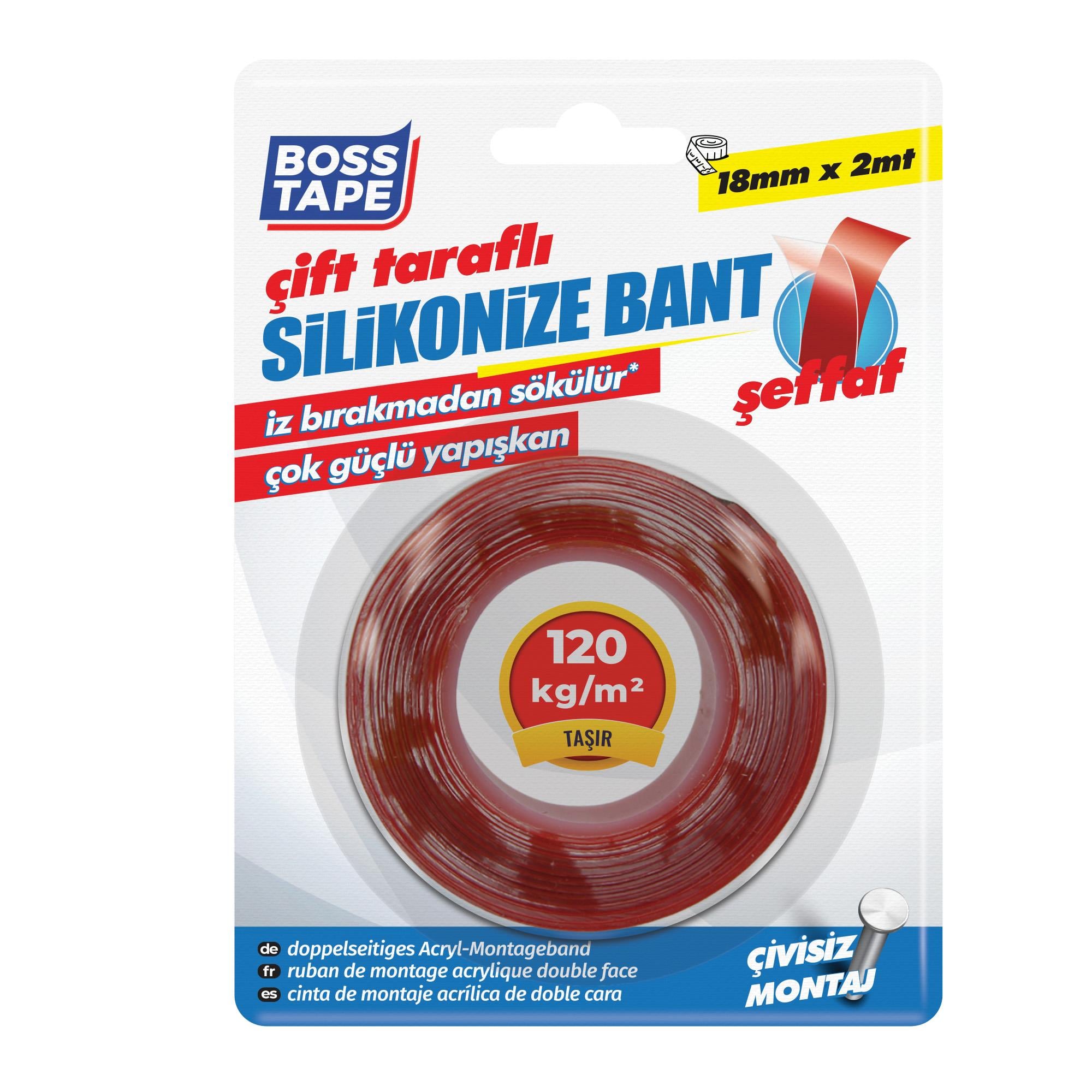 Boss TapeMaskeleme BantlarıŞeffaf Çift Taraflı Akrilik Montaj Bandı En:18mm Boy:2mt