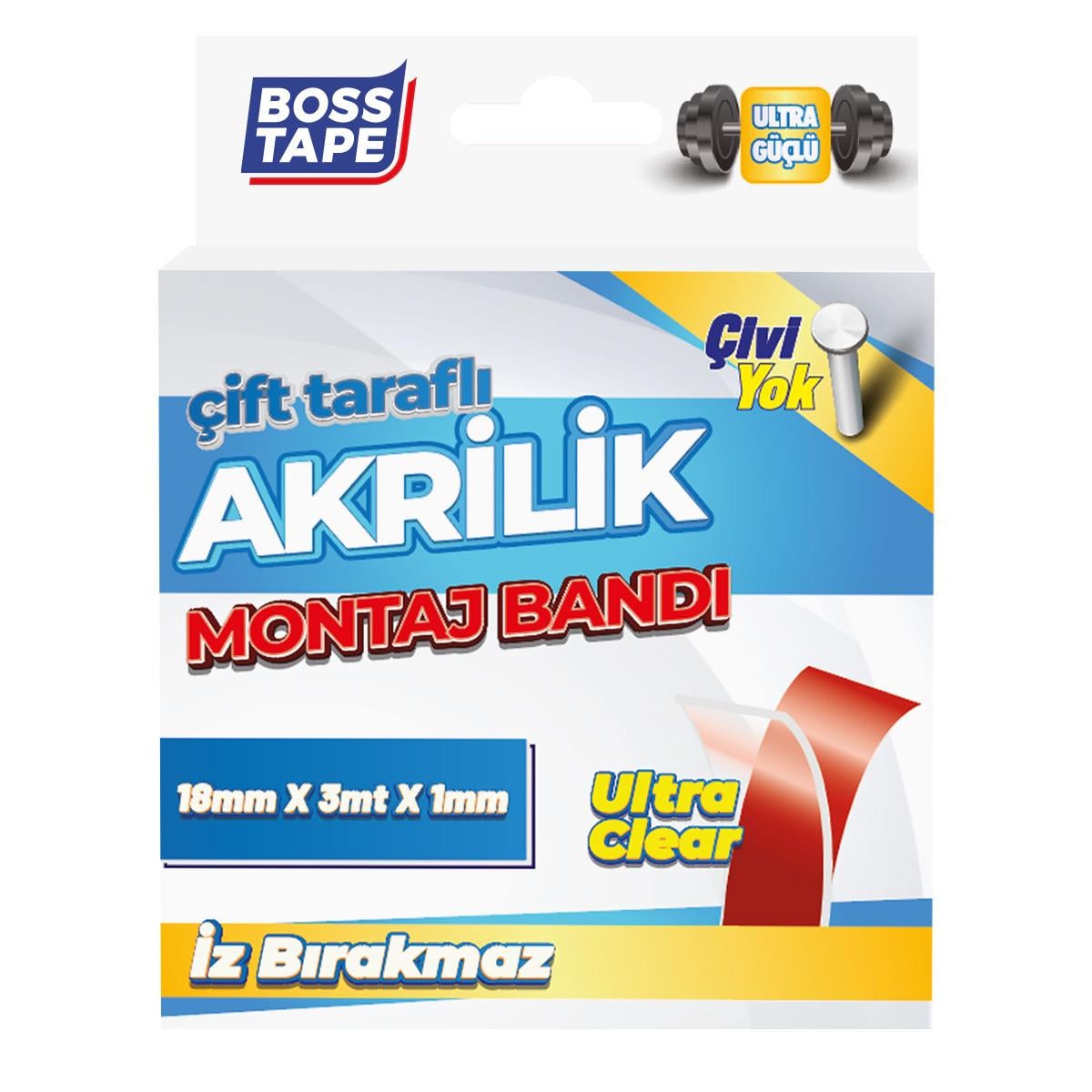 Boss TapeÇift Taraflı BantlarŞeffaf Çift Taraflı Akrilik Montaj Bandı En:18mm Boy:3mt