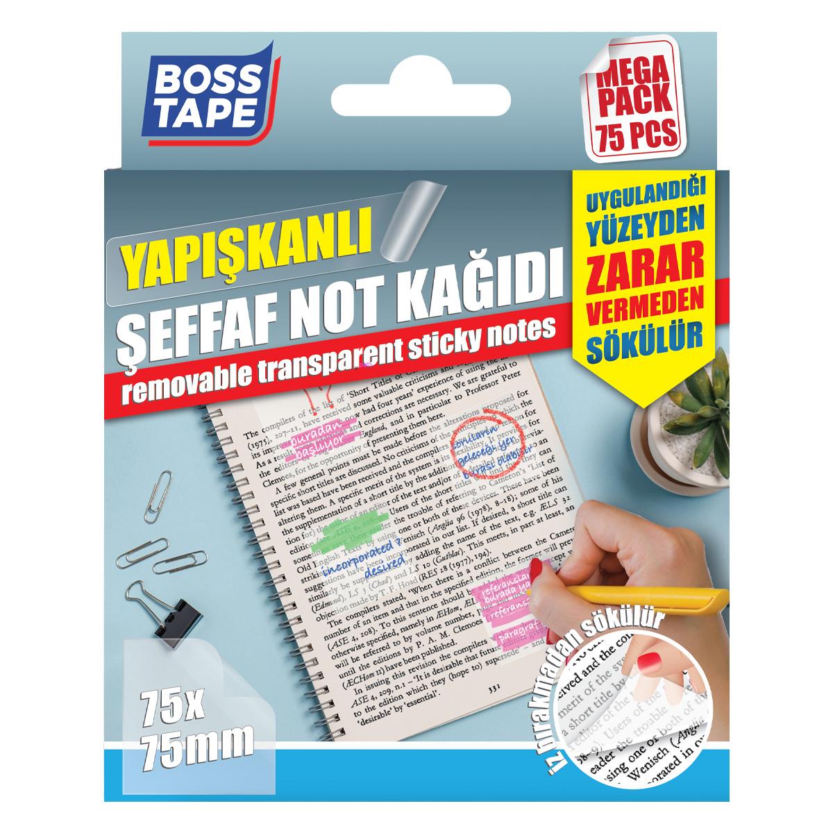 Boss TapeKırtasite BantlarıSökülebilir Şeffaf Yapışkanlı Not Kağıdı 75 Adet