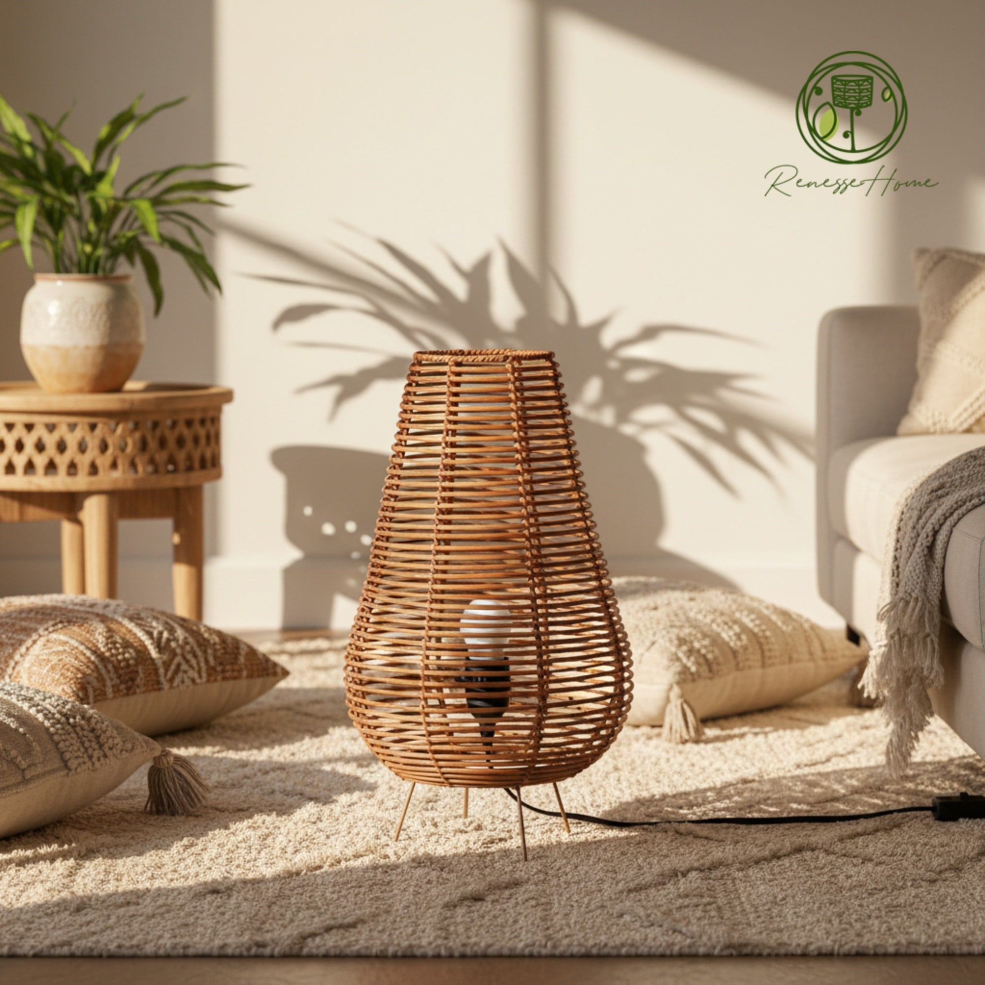 İskenderiye El Yapımı Rattan Masa Lambası 45 cm – Doğal Rattan Abajur Bohem Dekoratif Masa Lambası