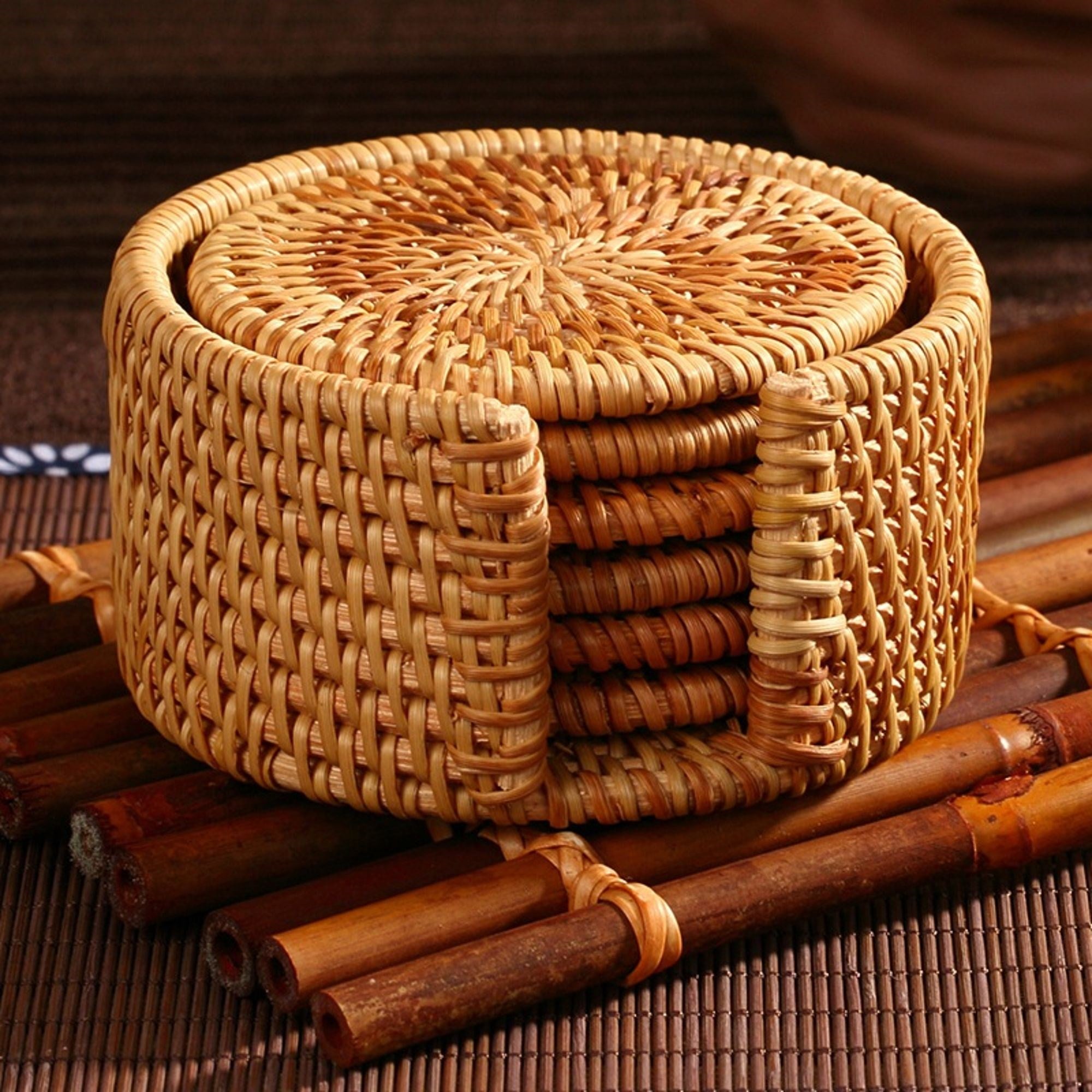 Kayes El Yapımı Doğal Rattan Bardak Altlığı Seti 6 Adet – Dekoratif Masa Aksesuarı