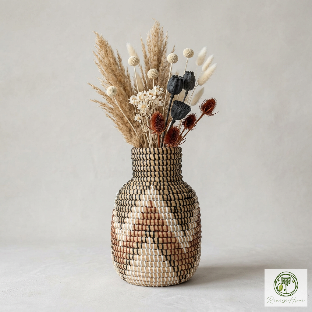 Niono El Yapımı Deniz Sazı Vazo 19x30 cm Doğal Seagrass Dekoratif Boho Vazo Ev Dekoru