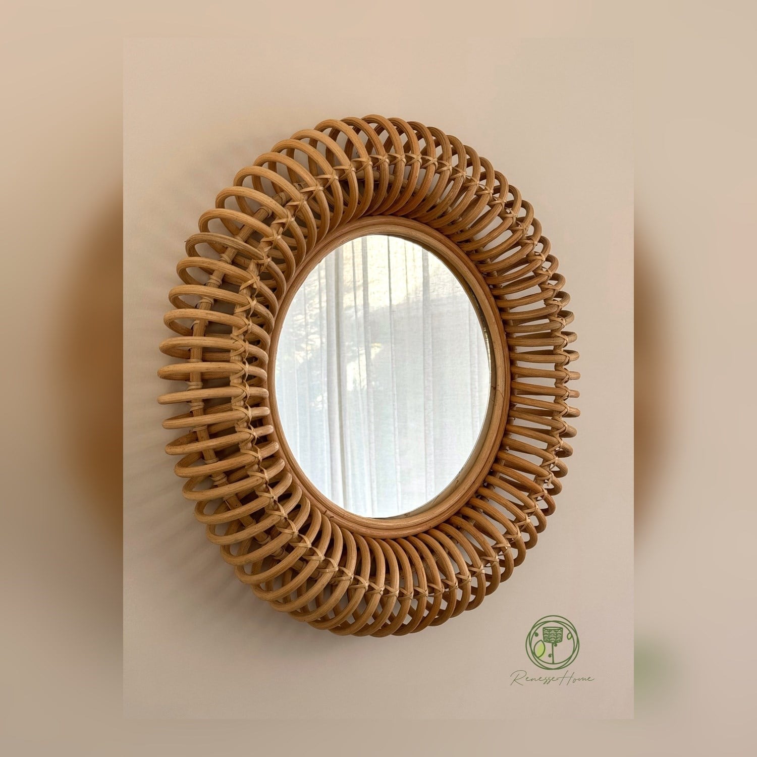 Renesse Home Layun El Yapımı Rattan Duvar Aynası 60 cm – Doğal Rattan Çerçeveli Dekoratif Yuvarlak Bohem Salon Antre Yatak Odası Aynası