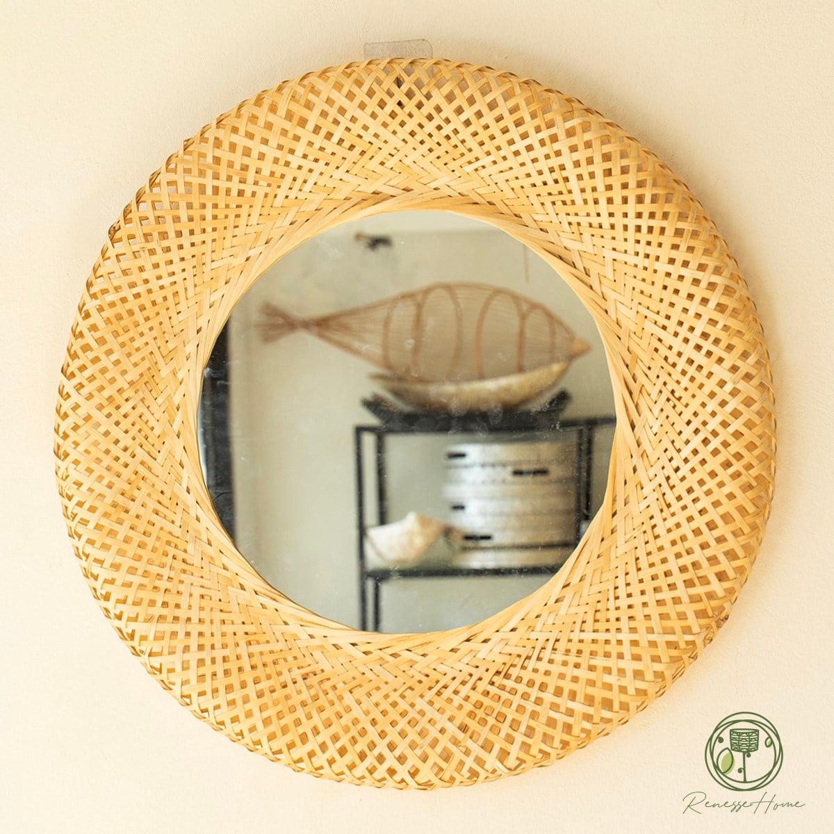 Setra El Yapımı Doğal Bambu Duvar Aynası 60 cm – Dekoratif Bohem Yuvarlak Ayna
