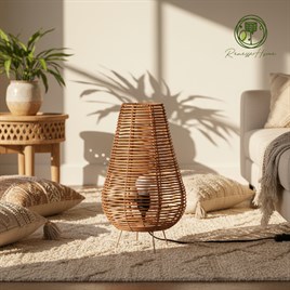 İskenderiye El Yapımı Rattan Masa Lambası 45 cm – Doğal Rattan Abajur Bohem Dekoratif Masa Lambası