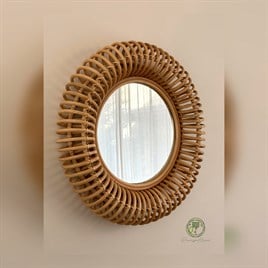Renesse Home Layun El Yapımı Rattan Duvar Aynası 60 cm – Doğal Rattan Çerçeveli Dekoratif Yuvarlak Bohem Salon Antre Yatak Odası Aynası