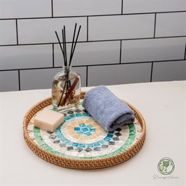 Tunus El Yapımı Sedef Mozaik Rattan Tepsi 30 cm – Doğal Rattan Dekoratif Servis Tepsisi, Bohem Ev Dekorasyonu ve Kahve Sunum Tepsisi