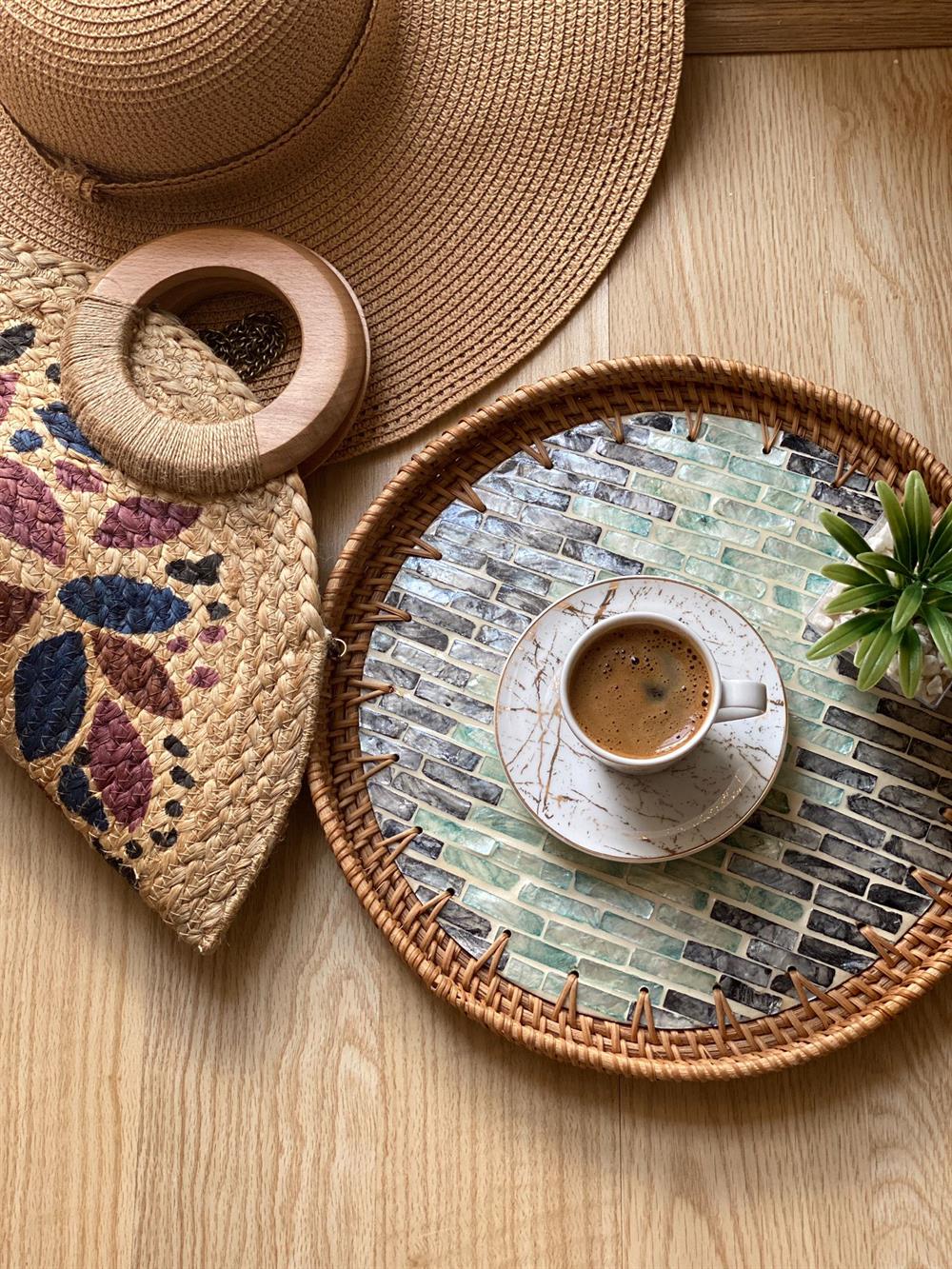 Bali El Yapımı Sedefli Rattan Tepsi