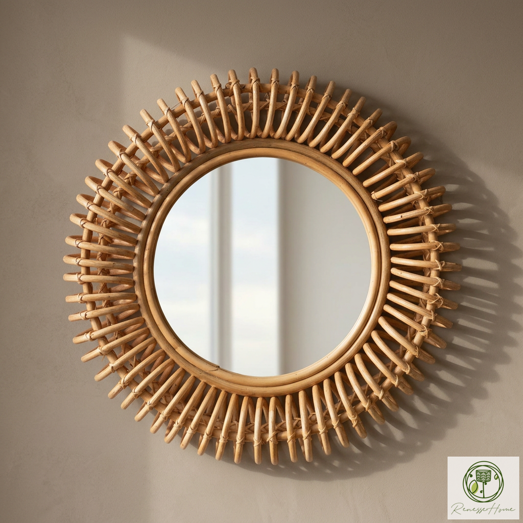 Layun El Yapımı Premium Rattan Duvar Aynası – 60 cm Doğal Bohem Dekor