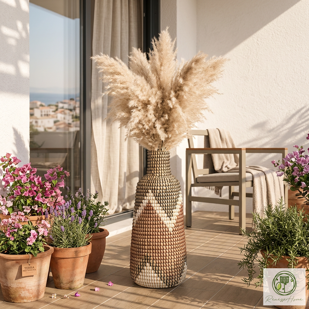 Markala El Yapımı Deniz Sazı Vazo 20x48 cm Doğal Seagrass Dekoratif Boho Vazo
