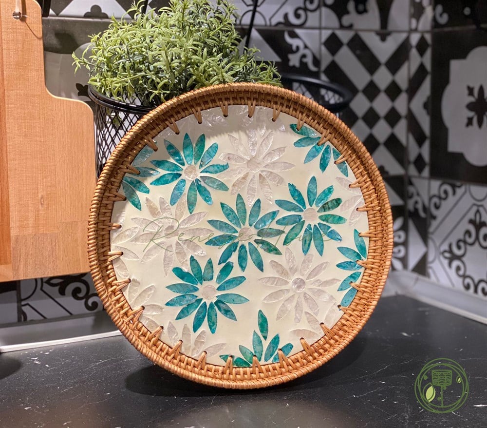 Mozambik El Yapımı Sedefli Rattan Tepsi 