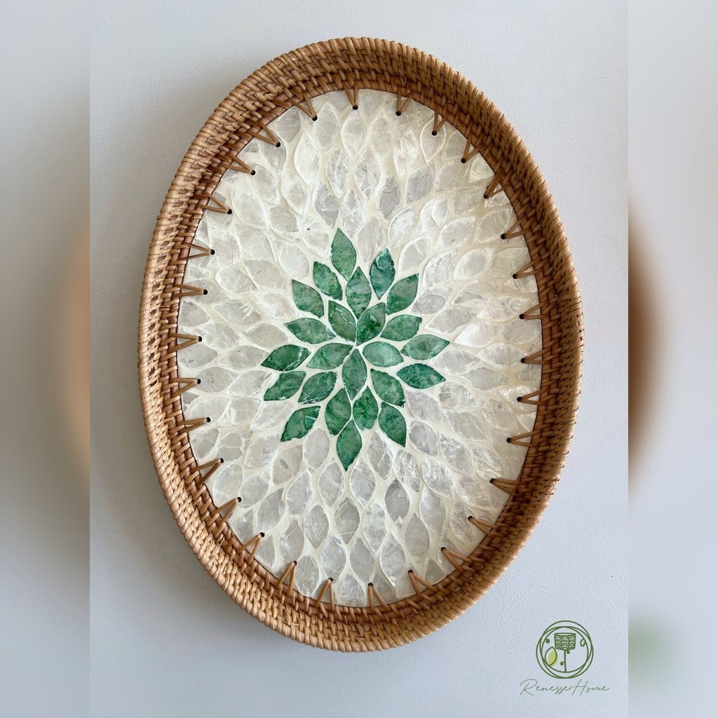 Nabil El Yapımı Sedef Mozaik Rattan Servis Tepsisi 28x38 cm – Bohem Dekoratif Kahve ve Sunum Tepsisi