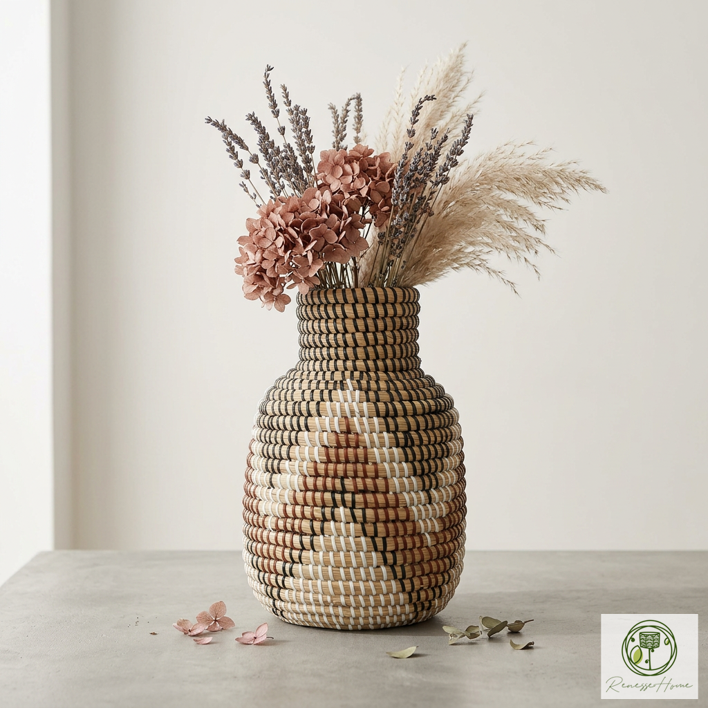 Niono El Yapımı Deniz Sazı Vazo 19x30 cm Doğal Seagrass Dekoratif Boho Vazo Ev Dekoru