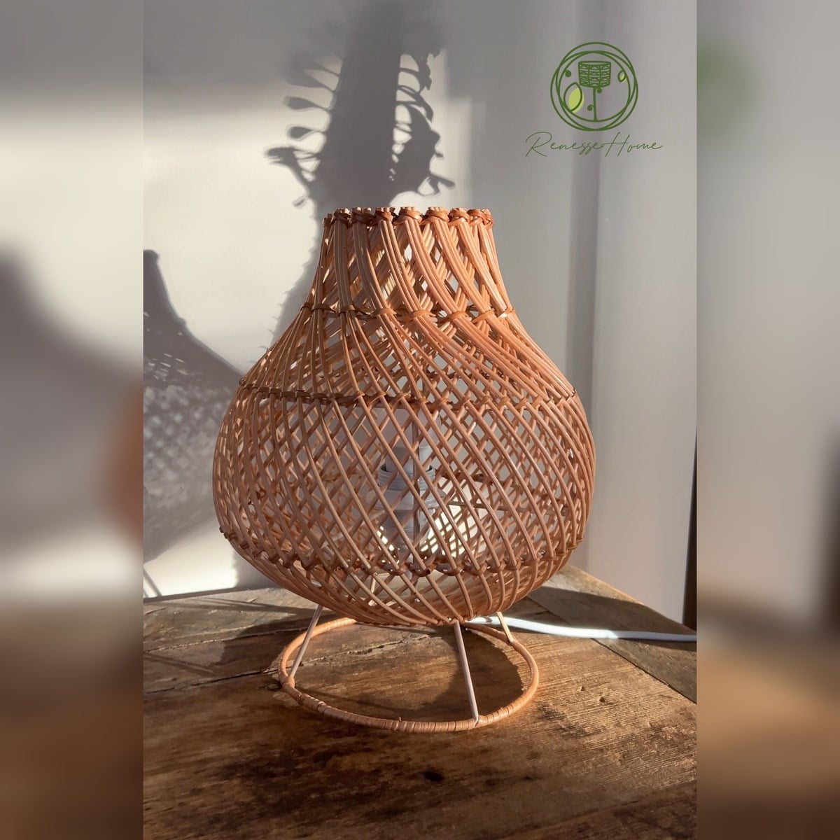 Ruwa El Yapımı Rattan Masa Lambası 31 cm – Doğal Rattan Abajur Bohem Dekoratif Gece Lambası