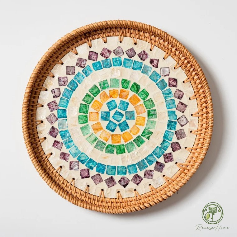 Tunus El Yapımı Sedef Mozaik Rattan Tepsi 30 cm – Doğal Rattan Dekoratif Servis Tepsisi, Bohem Ev Dekorasyonu ve Kahve Sunum Tepsisi
