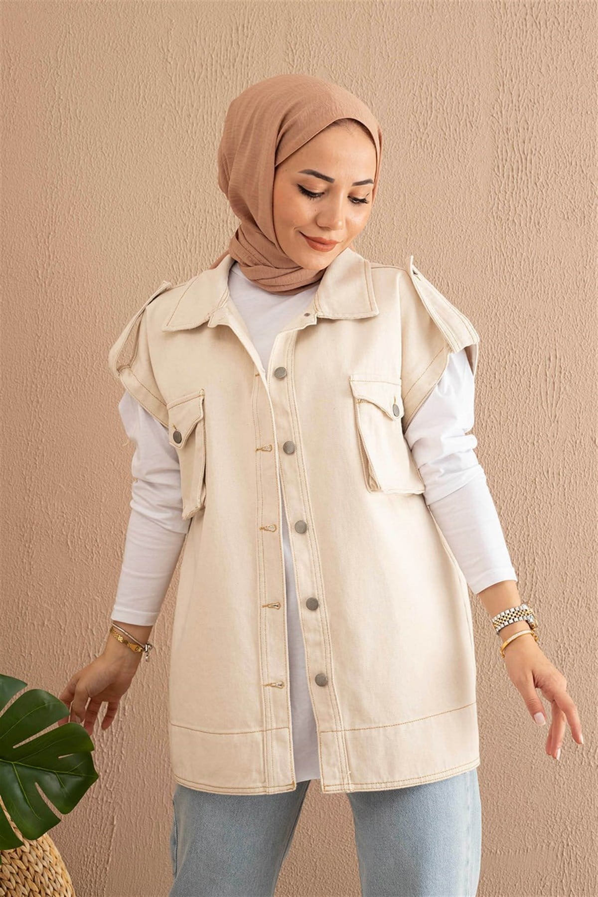 Ekru Naturel Denim Yelek