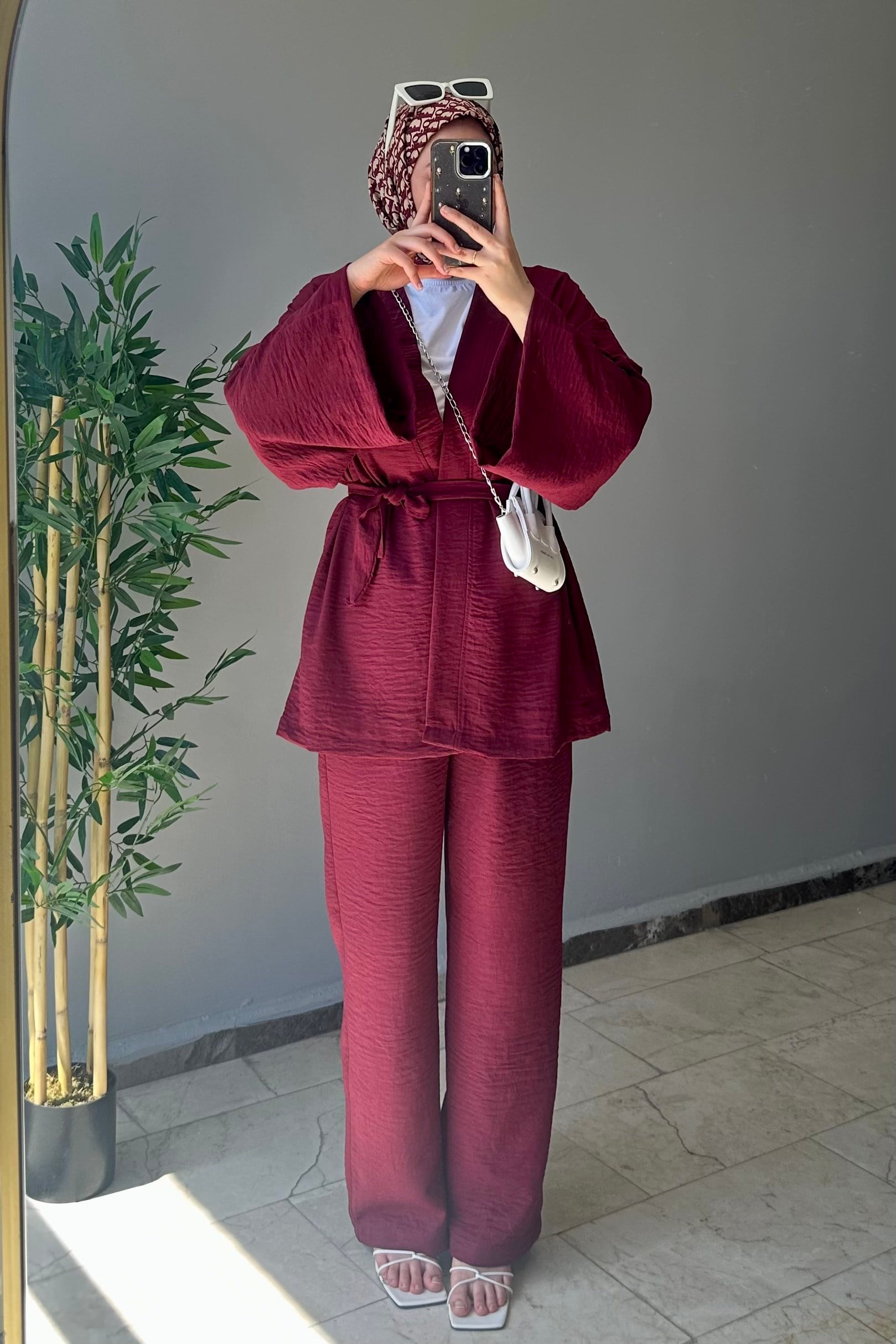 Keten Kimonolu Takım Bordo