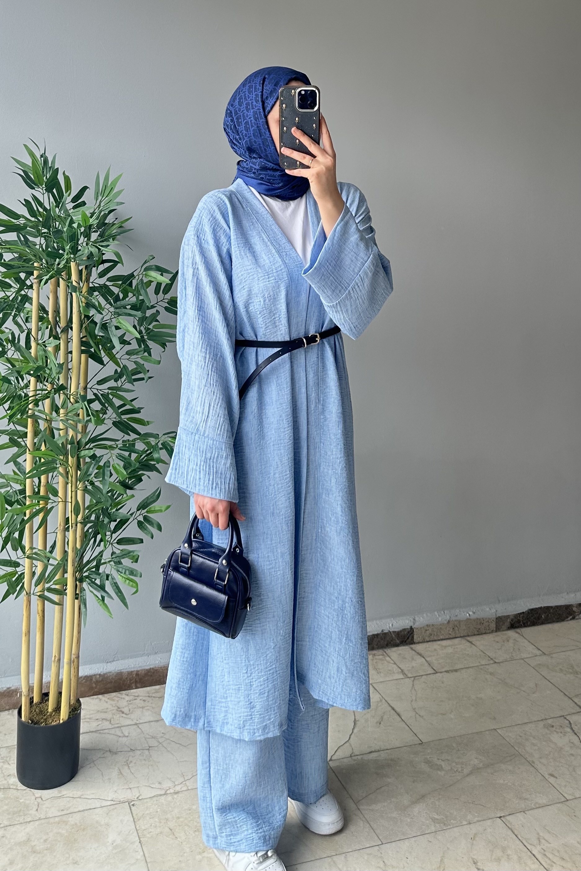 Keten uzun kimono takım buz mavisi
