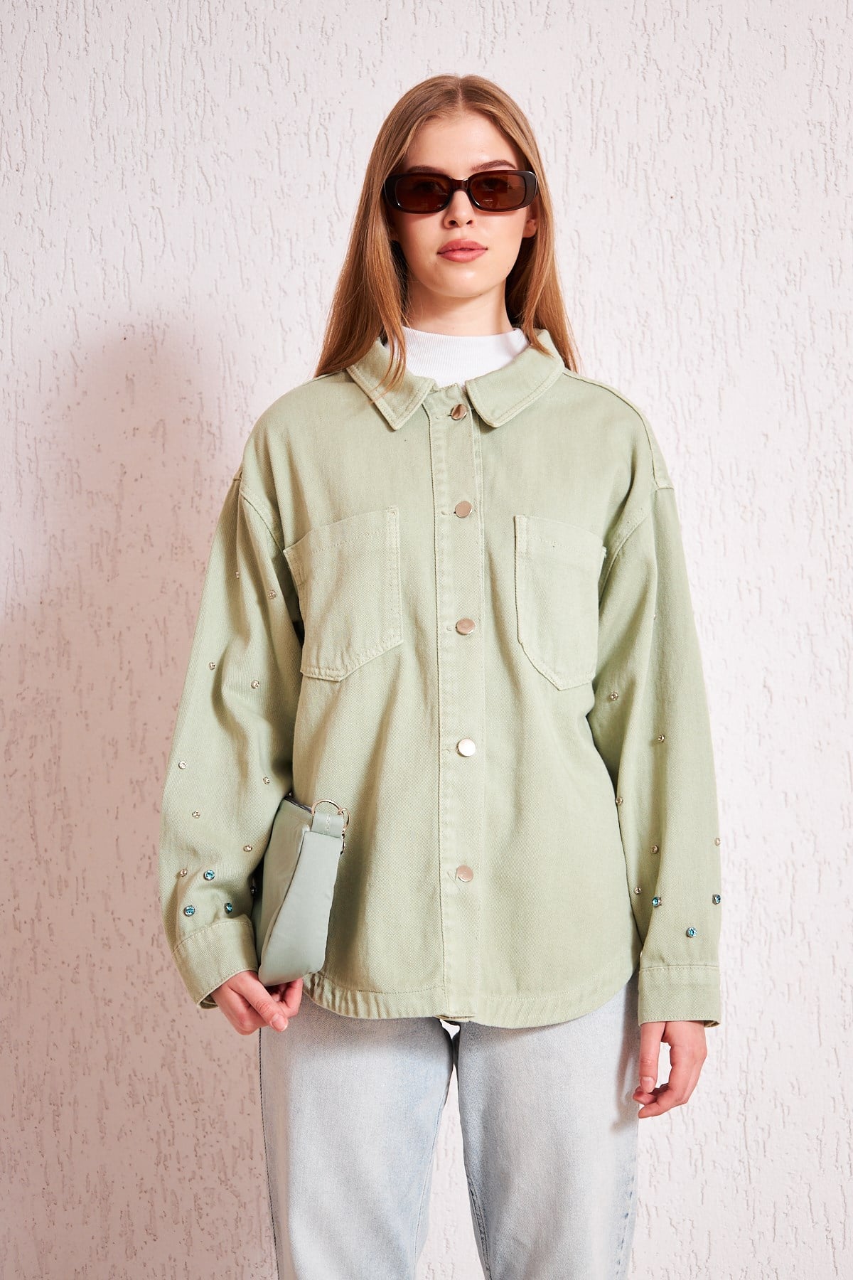 Kolları Taşlı Denim Ceket Çağla